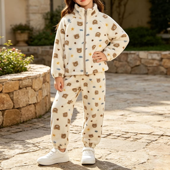 Gaxelrn Girls Fleece Tracksuit Set 2 Piece White Bear Print Zip Up Jacket & Jogger Pants,Size 3-4 T