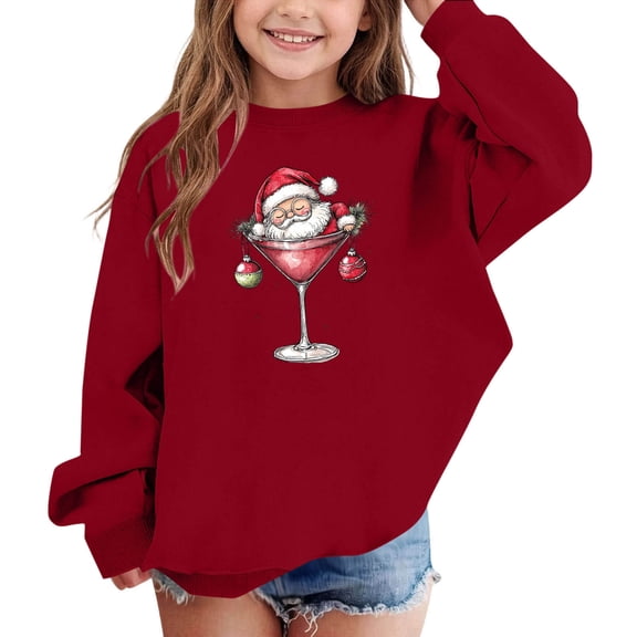 Gaxelrn Girls Holiday Sweatshirt,Kids Christmas Santa Graphic Crewneck Pullover,Wine Long Sleeve Top for Girls,Size 11-12T