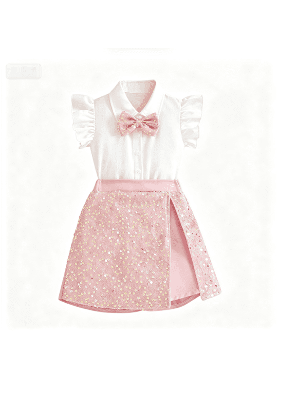 Girls Sequin 2-Piece Ruffle Top & Skort Set with Bow, Sparkly Party Outfit, Pink Sizes 5-13,Size 13 T