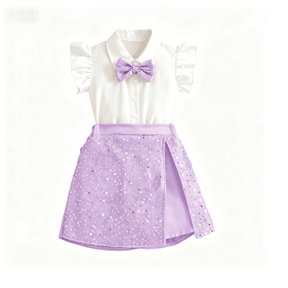 Gaxelrn Girls Sequin 2-Piece Ruffle Top & Wrap Skort with Bow, Sparkly Preppy Party Outfit, Purple Sizes 5-13,Size 11 T