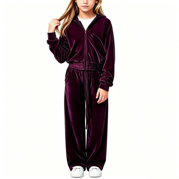 Gaxelrn Girls Velour Activewear 2 Piece Set Full Zip Cropped Hoodie Wide Leg Pants Purple 5-12 Years,Size 7-8T