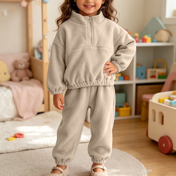 Gaxelrn Kids 2 Piece Cotton Fleece Tracksuit, Half Zip Stand Collar Jogger Set for Unisex Kids - Khaki,Size 7-8 T