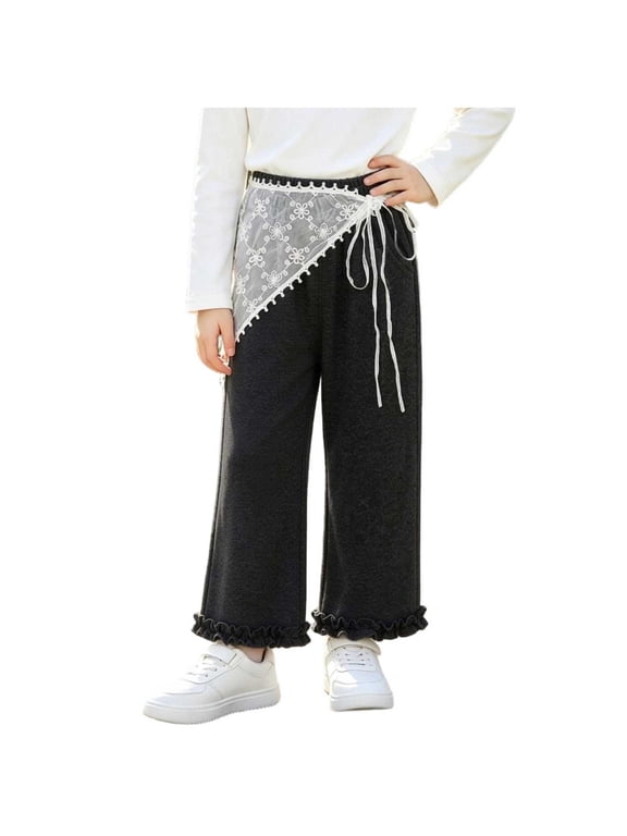 Kids Girl Lace Ruffle Pants, Fleece Lined Wide Leg Casual Trousers with Pockets, Elastic Waist Warm Knit Fall Winter Bottoms,Size 5-6 T