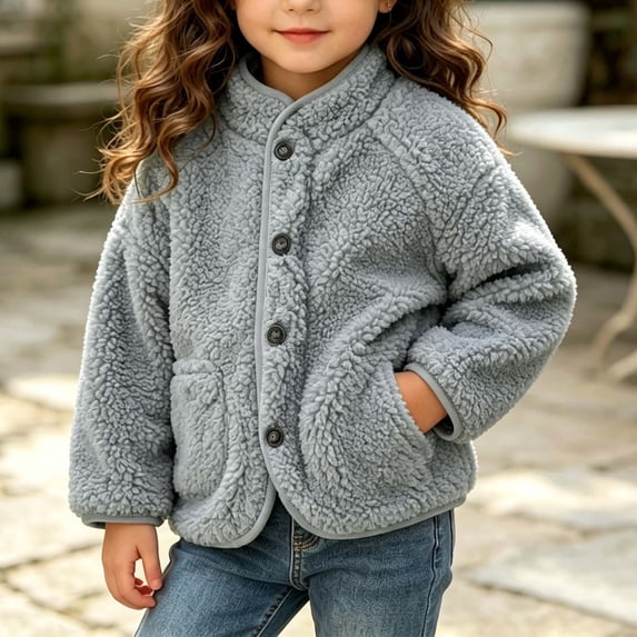Gaxelrn Kids Girls Sherpa Fleece Button-Front Jacket with Stand Collar and Side Pockets, Blue,Size 9-12 Months