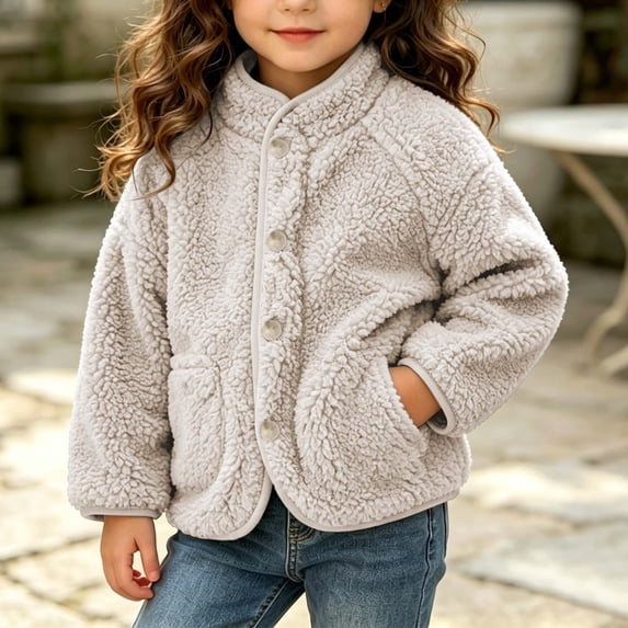 Gaxelrn Kids Sherpa Fleece Jacket for Girls, Stand Collar with Side Pockets, Button Front, White,Size 6-9 Months