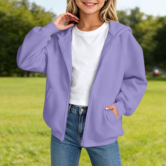 Gaxelrn Purple Full Zip Hoodie for Girls with Pockets - Relaxed Fit Tween Sweatshirt Jacket,Size 13-14T