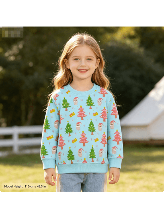 Toddler Girls Christmas Crew Neck Long Sleeve Pullover Sweatshirt Light Blue,Size 3-4 T
