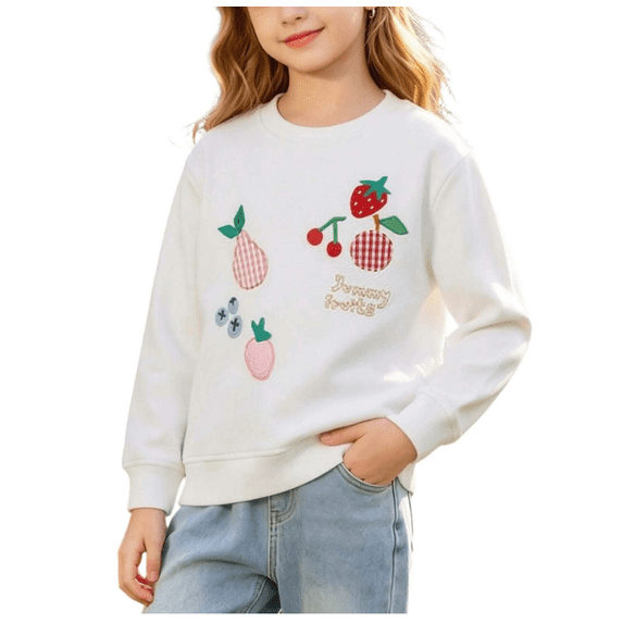 Gaxelrn Toddler Girls Cotton Crewneck Sweatshirt with Embroidered Fruit Applique,Long Sleeve,White,Size 2-3 T