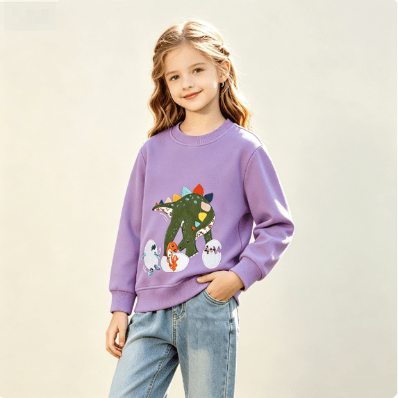 Gaxelrn Toddler Girls Dinosaur Applique Long Sleeve Crewneck Sweatshirt Cotton Pullover,Size 6-7 T