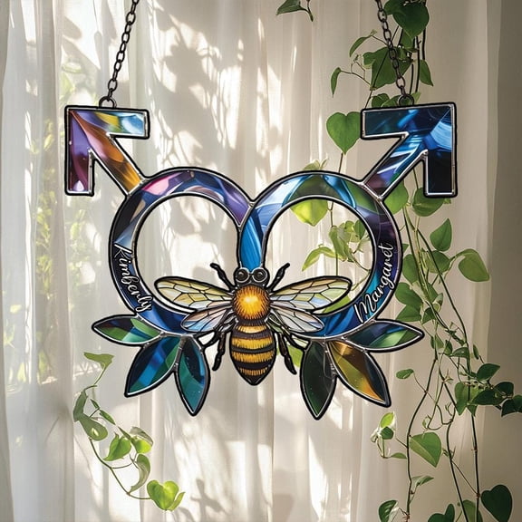Gay Couple Bee Suncatcher fullxfull Two Male Symbols Forming Heart with Honeybee and Names, LGBTQ Pride Window Decor or Wedding Gift