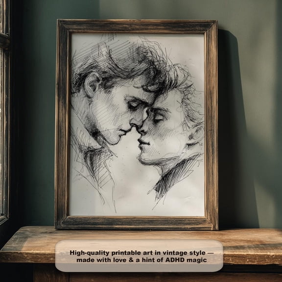 Gay Couple Line Art Print: Minimalist Lgbt Ink Sketch Digital Download, Unframed Canvas Size 8x12