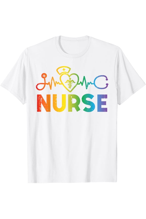 Gay Nurse Heartbeat Rainbow Pride Flag LGBTQ Scrub Top Women T-Shirt
