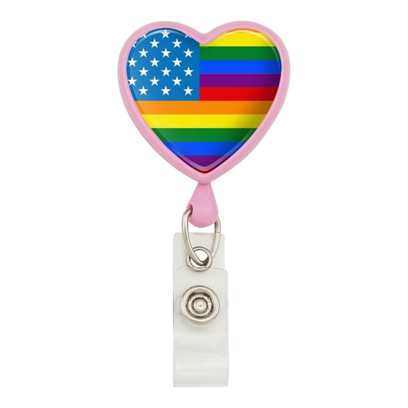 Gay Pride American Flag Rainbow Heart Lanyard Retractable Reel Badge ID Card Holder - Pink