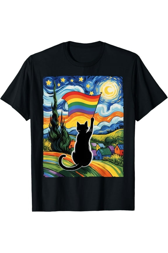Gay Pride Cat Art Cat Starry Night Style LGBTQ Pride Support T-Shirt Tee