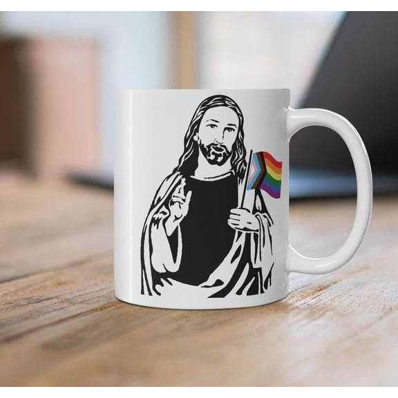 Gay Pride F11lag mug~ JesuS1 Holding LBGTQIA1 Pride Progress RainB1Ow Queer CH1Ristian Coffee cup 11 or 15oz New Updated Design