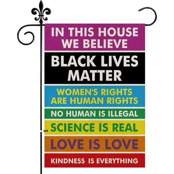 Gay Pride Garden Flag 12x18 Inch for in This House We Believe Science Is Real Black Lives Matter Double Sided Vertical Burlap Flag for Outdoor Decorations
