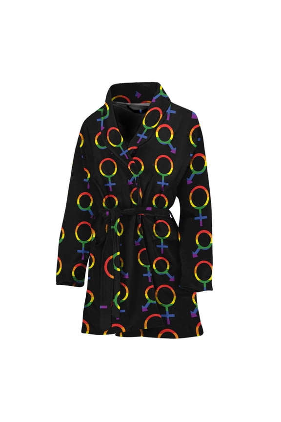 Gay Pride Gender Symbol Pattern Women Bathrobe One Size Univeral Fits, Lgbt Lgbtq+ Pride Month Gifts Fashion Lightweight Plush Fleece Long Robe For Women