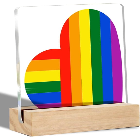 Gay Pride Gifts for Men Friends Pride Flag Heart Rainbow Clear Desk Decorative Sign LGBT Gay Pride Acrylic Sign with Stand Table Plaque Sign LGBTQ Keepsake Art Decor 4x4 Inch