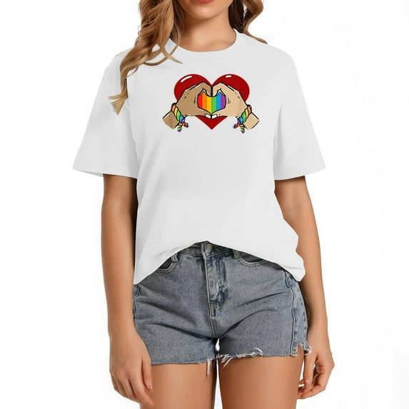 Gay Pride LGBT Rainbow Flag Heart Unity Women's Short Sleeve Shirt with Personality Print, Chic and Cool Casual Top