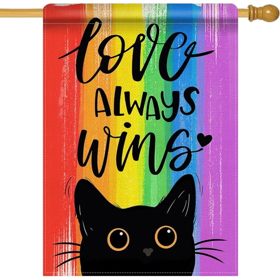 Gay Pride Love Always Wins Rainbow Large Decorative House Flag, LGBTQ Black Cat Yard Garden Outside Pride Month Decor, Lesbian Bisexual Pansexual Outdoor Home Decoration Double Sided 28 x 40