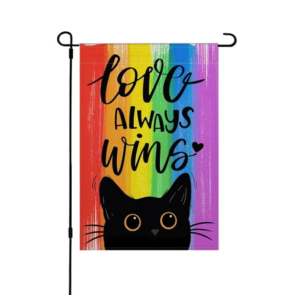 Gay Pride Love Always Wins Rainbow Small Decorative Garden Flag, LGBTQ Black Cat Yard Lawn Outside Pride Month Decor, Lesbian Bisexual Pansexual Outdoor Home Decoration Double Sided 12 x 18