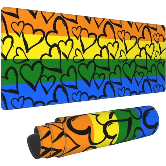 Gay Pride Rainbow Colored Hearts Large Gaming Mouse Pad Non Slip Rubber Mouse Mat Desk Pad Long Extended Keyboard Pad 31.5x11.8