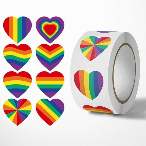 Gay Pride Self Adhesive Sticker Roll, Rainbow Heart Pride Stuff Rainbow Stickers Pack for LGBTQ+, Waterproof Gay Bisexual Trans Colorful Pride Stickers