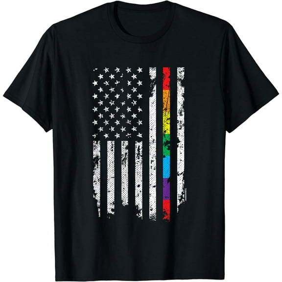 Gay Pride Thin Rainbow Line American Flag T-Shirt