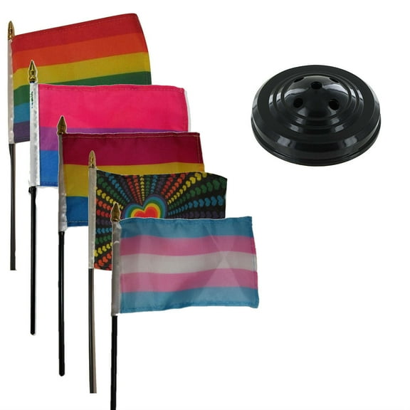 Gay Pride Trans Bi Gender Pan Rainbow Heart Flag 4"x6" Desk Set Table Black Base