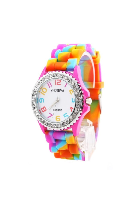 Gay Pride Wrist Watch w/ CZ Stones Rainbow Flag Band - LGBT Gay & Lesbian Pride