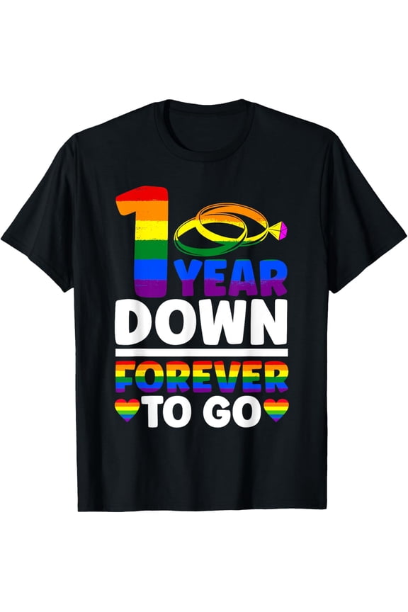 Gay Wedding Anniversary 1 Year Down Forever to Go LGBTQ+ T-ShirtMen's and women's gift, black and white T-shirt, size: Extra large S-4XL