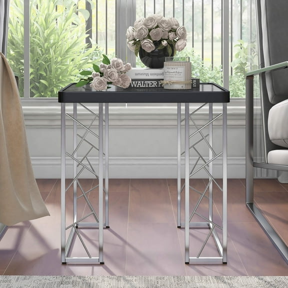 Gaynor Faux Marble Top End Table, Black and Chrome