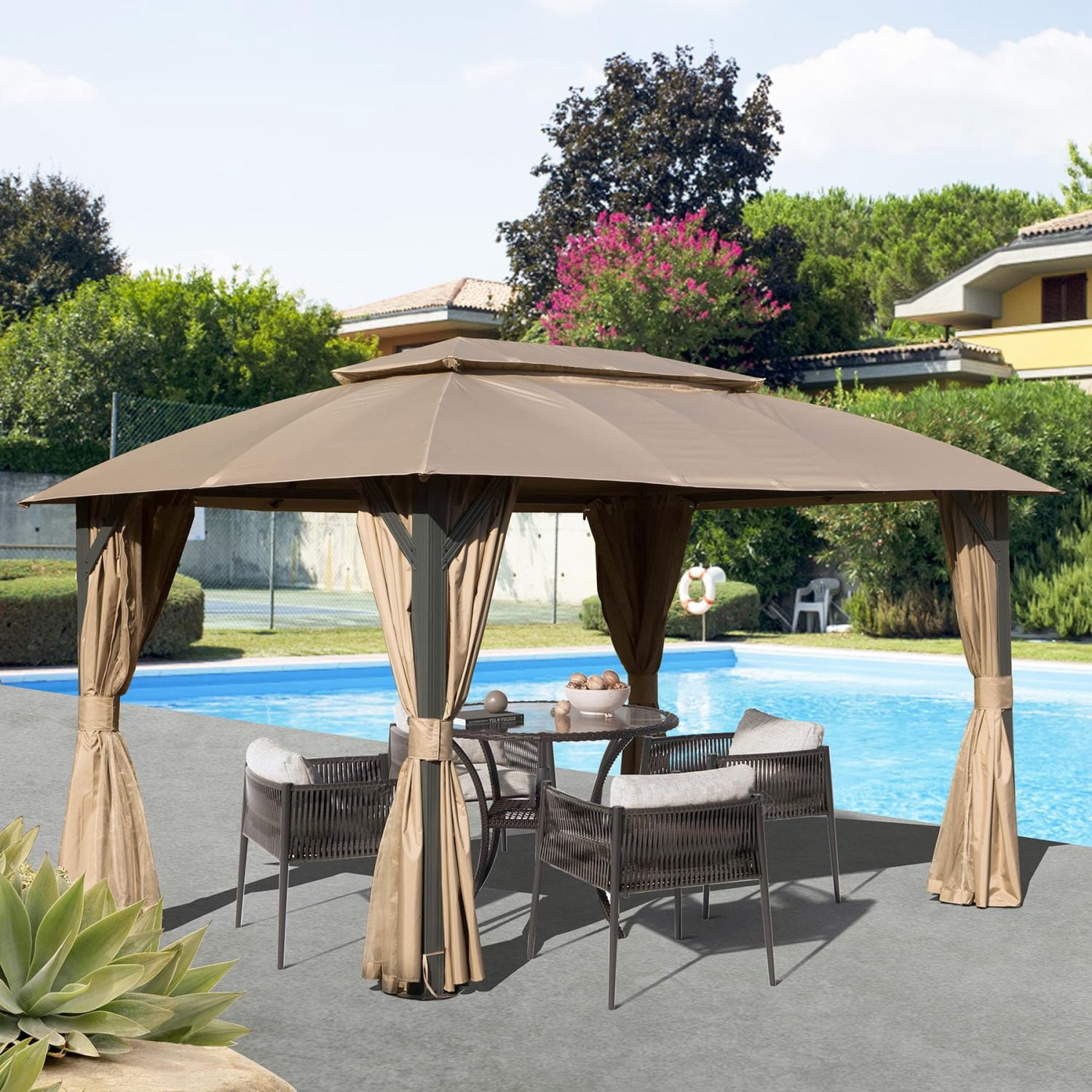 Gazebo 10x14FT Outdoor Gazebo with Double Roofs Privacy Curtains ...