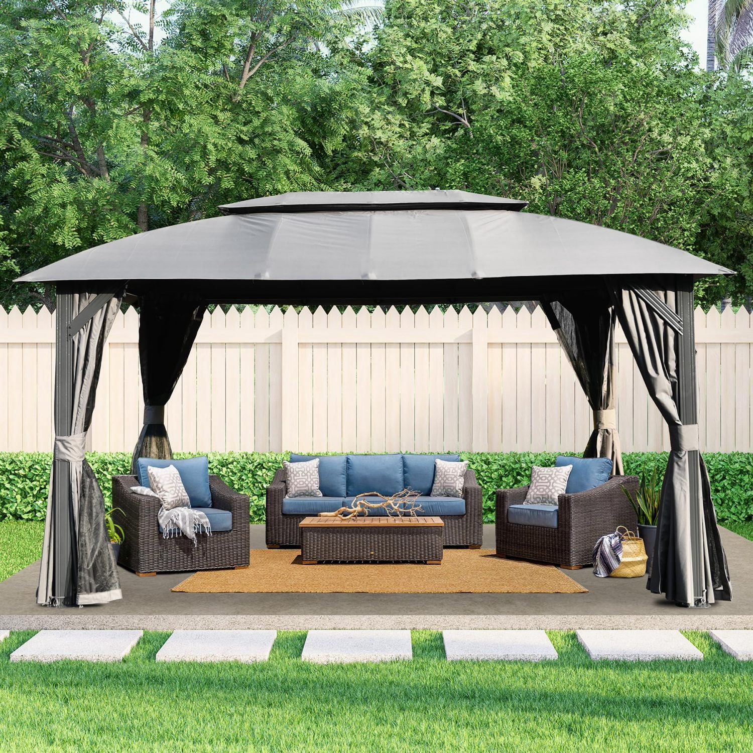 Gazebo 10x14FT Outdoor Gazebo with Double Roofs Privacy Curtains ...