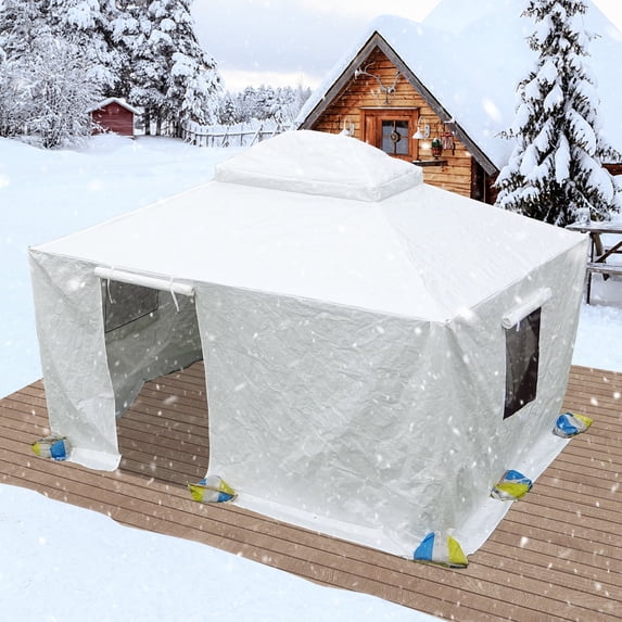 Gazebo Accessories 8' x 8' Double Roof Universal Winter Gazebo Cover for Hardtop Gazebos,Enclosed Cover with Sidewalls and Mesh Windows Waterproof (White)