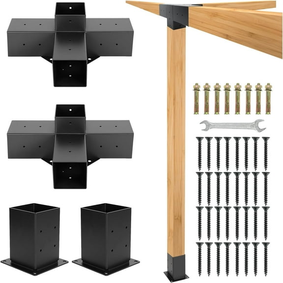 Gazebo Brackets Kit - 2 Set 4x4 (Actual: 3.5x3.5) 4-Way Right Angle Corner Brackets with Pergola Post Base for 4x4 Lumber