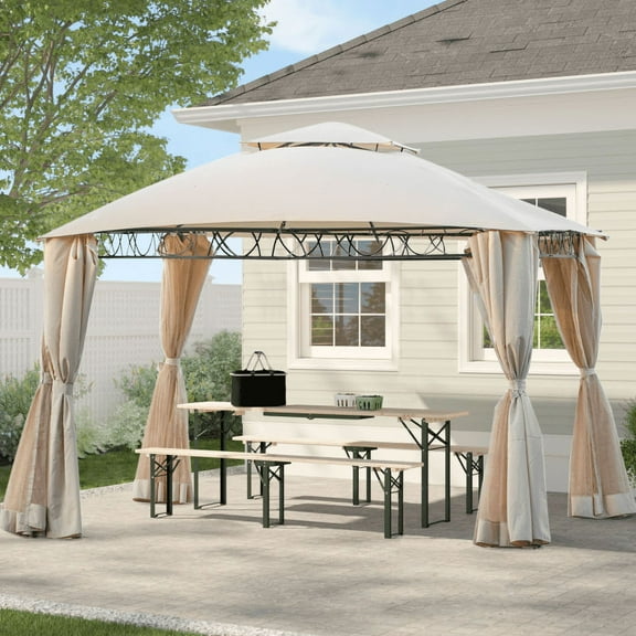 Gazebo for Outdoors, 10.5 x 10.5 ft Patio Gazebo for Shade and Rain, Backyard Relaxing Canopy Tent with Double Roof and Mosquito Netting, Fits for Lawn, Poolside, Deck, Party, Beige, D1139