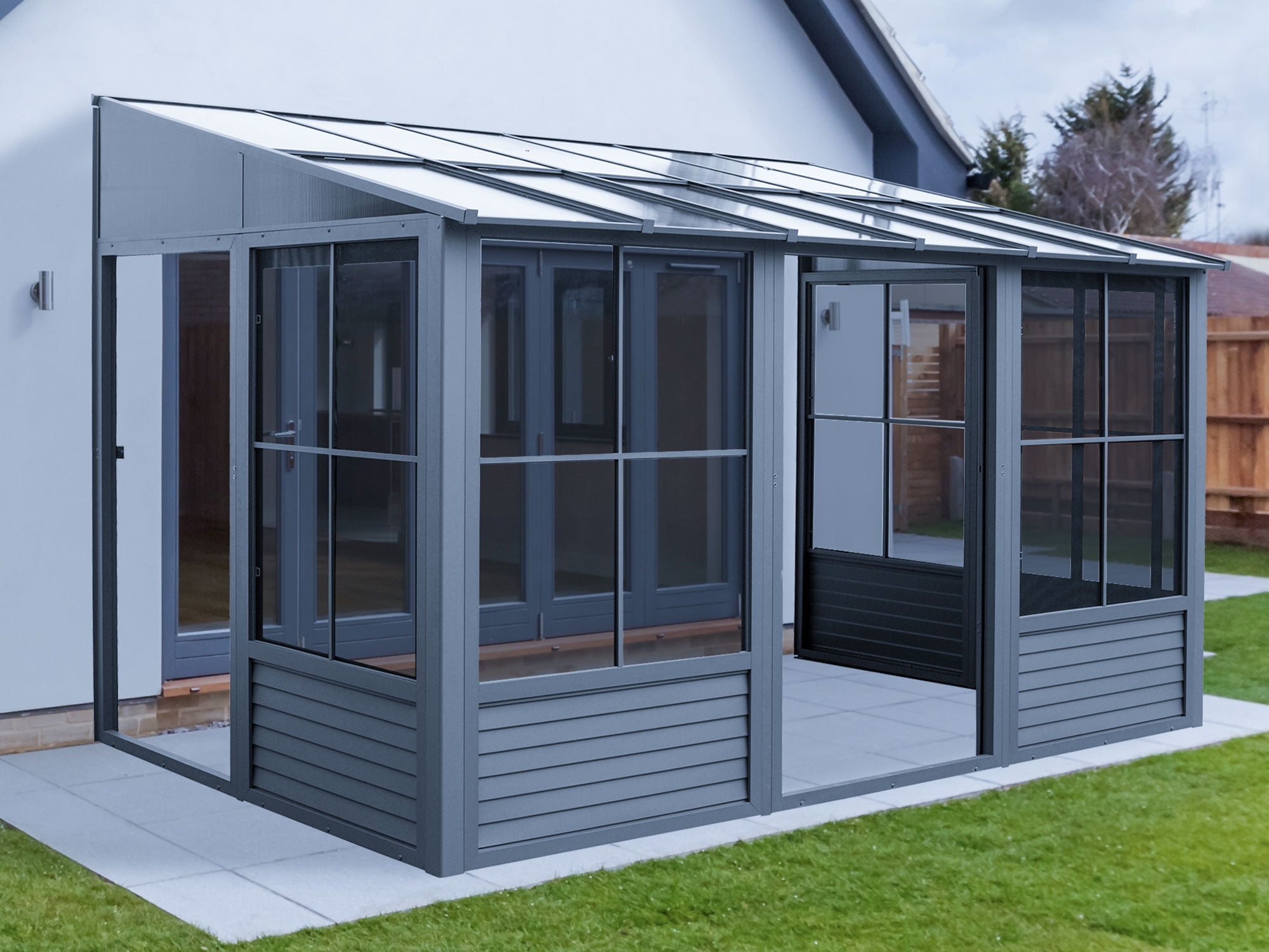 Gray Aluminum and Steel Outdoor Solarium with Sliding Doors