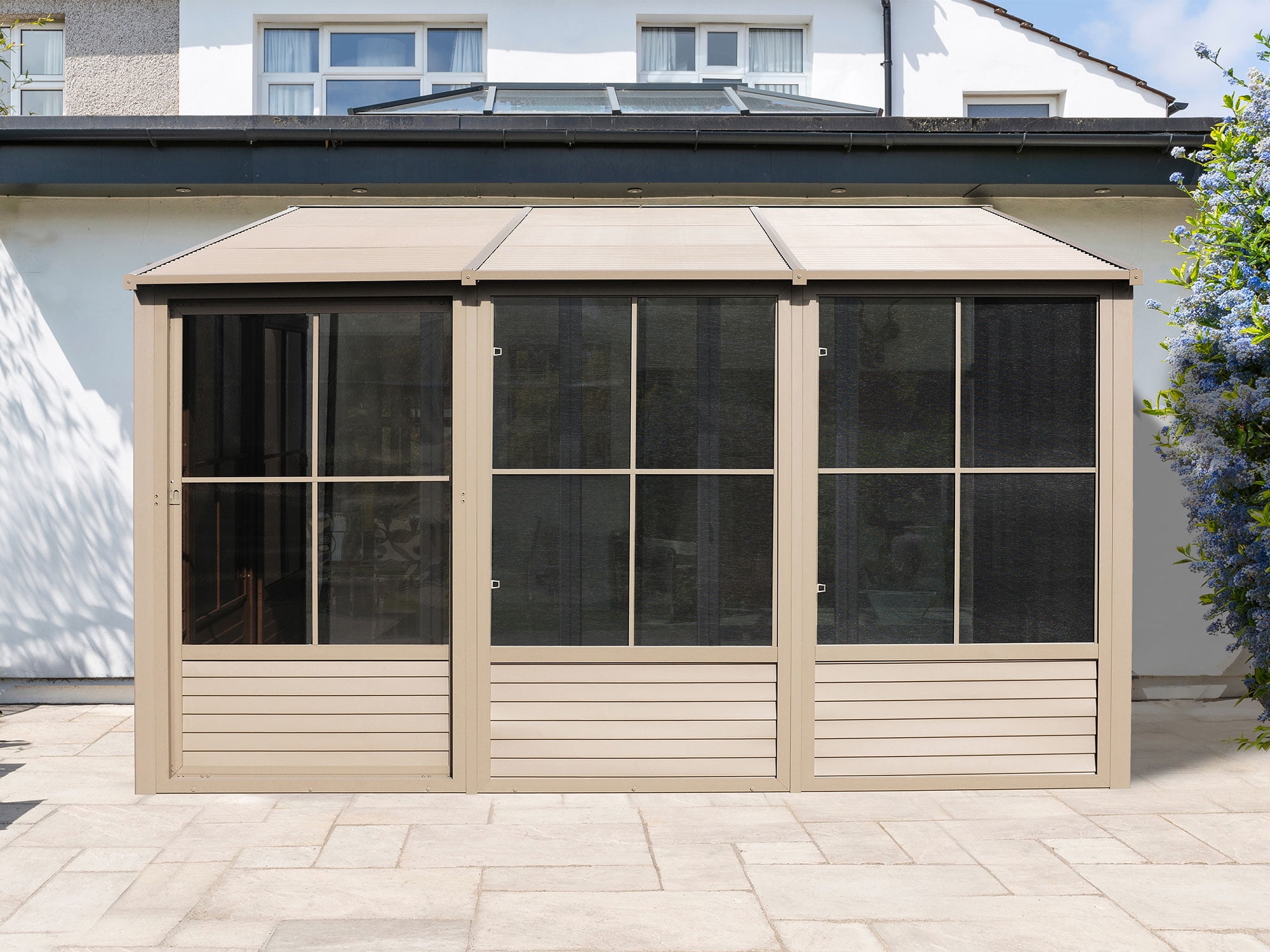 Florence Sand Aluminum Wall-Mounted Solarium with Steel Roof