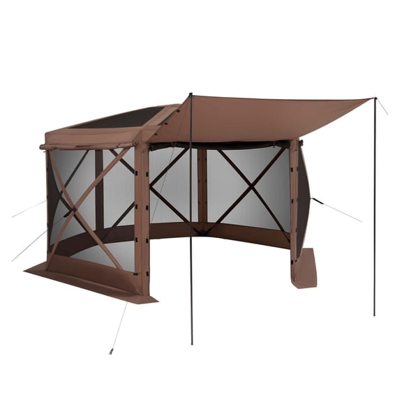 Gazebo Screen Tent 12x12 ft, 6-Sided Camping Canopy, Quick-Set Sun Shelter for 8-10 Person, Removable Top, Bite-Proof Screen House, Brown