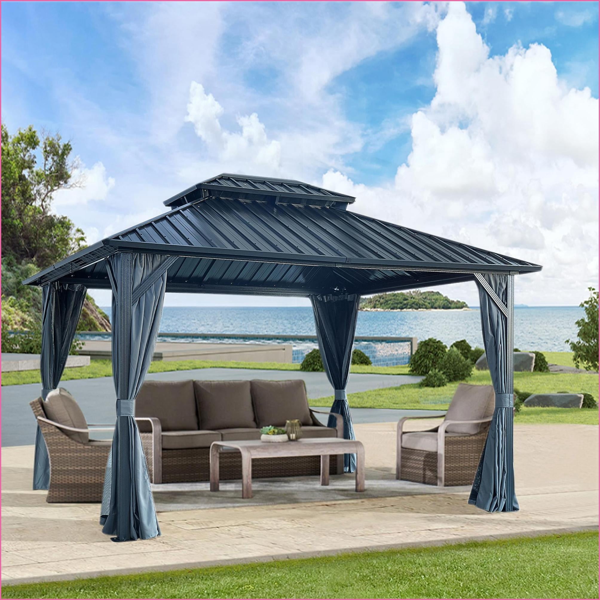 Gazebos 10'x12' Hardtop w/ Aluminum Frame, Curtains Netting for Patio