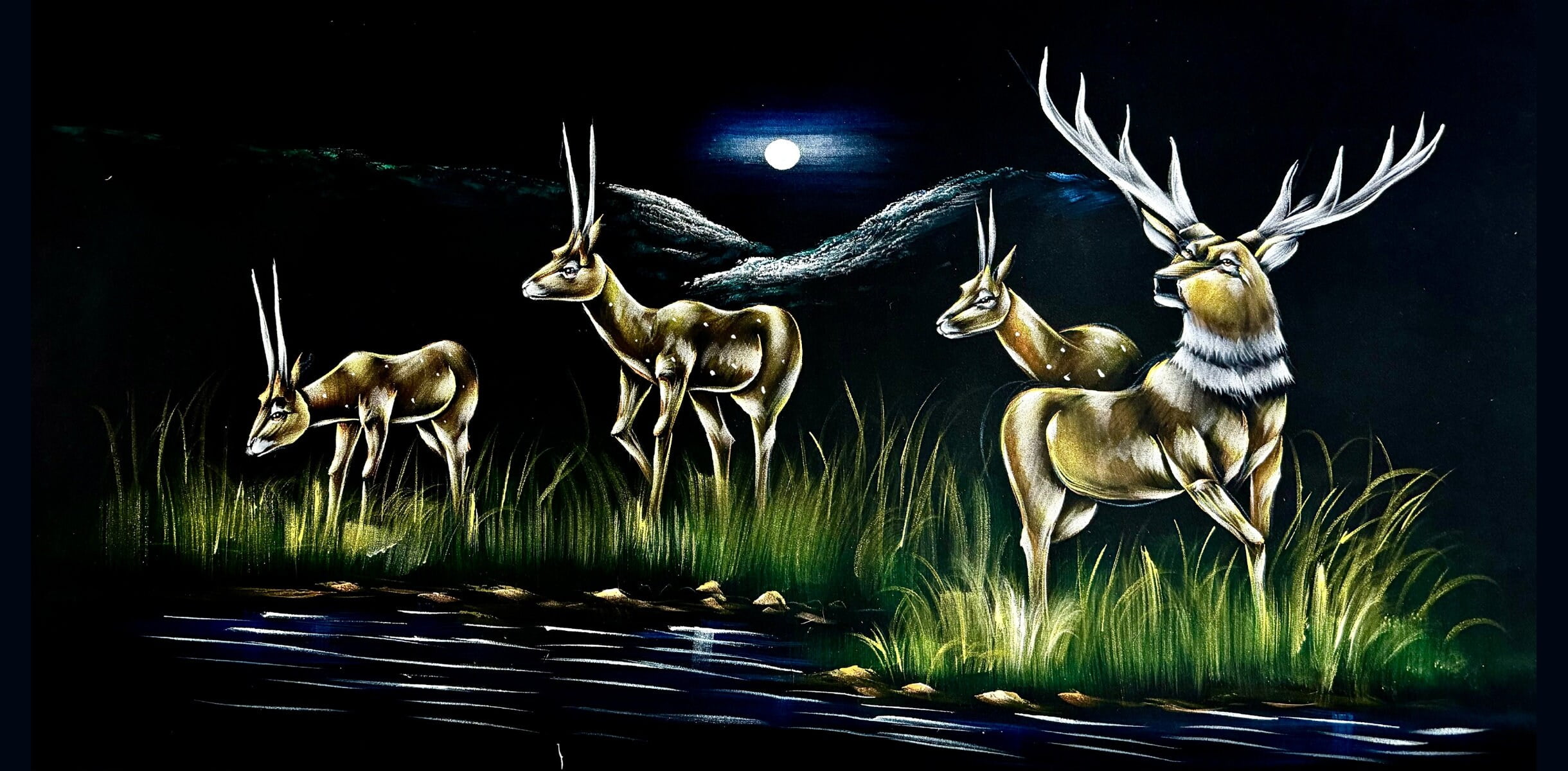 Gazelles Deer by Moonlit River Velvet Painting (122x60 cm) | Fabric Painting | Big Wall Art | Home Decor