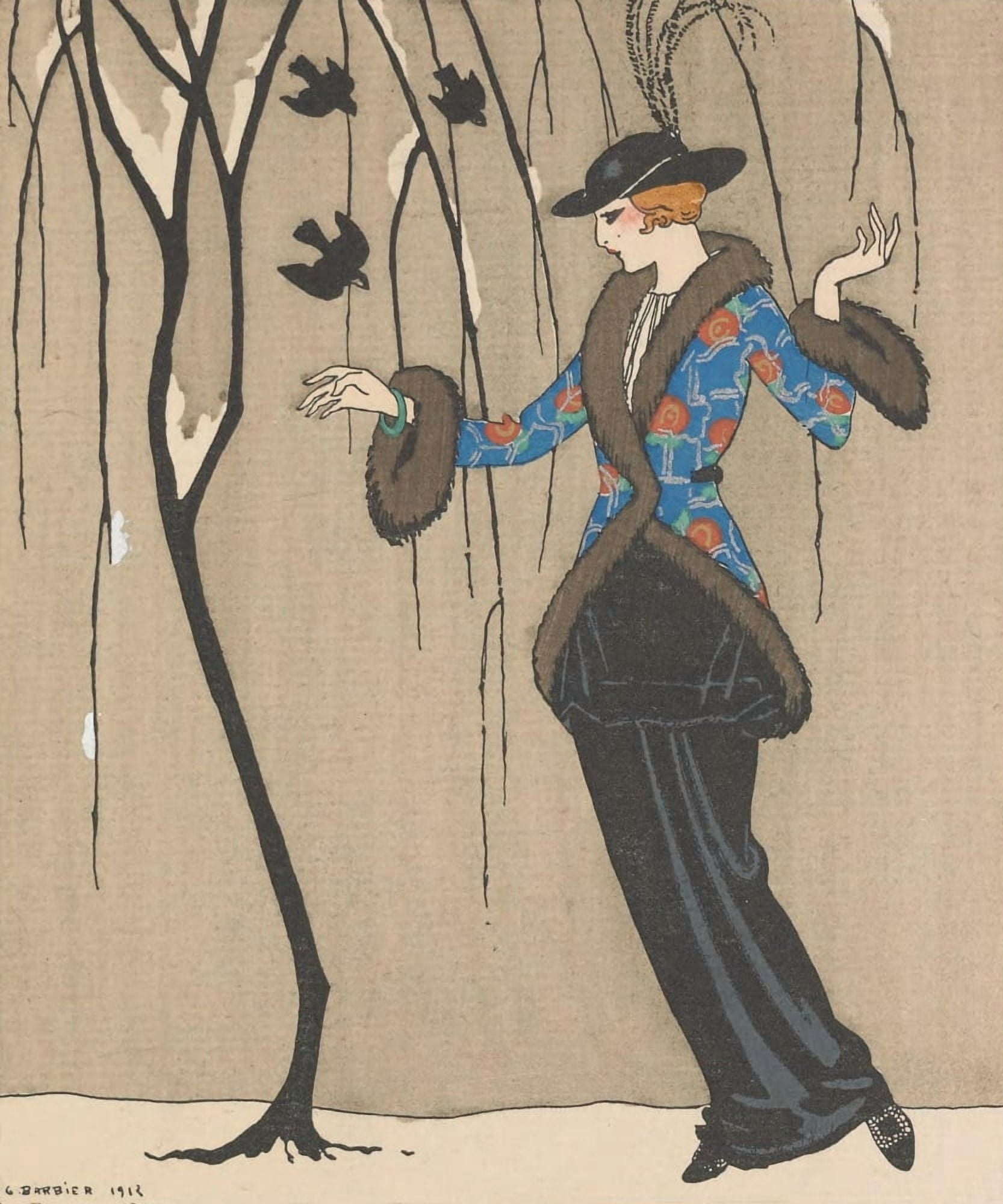 Gazette du Bon Ton 1913 La Dame aux Moineaux Canvas Art - George Barbier (24 x 36)