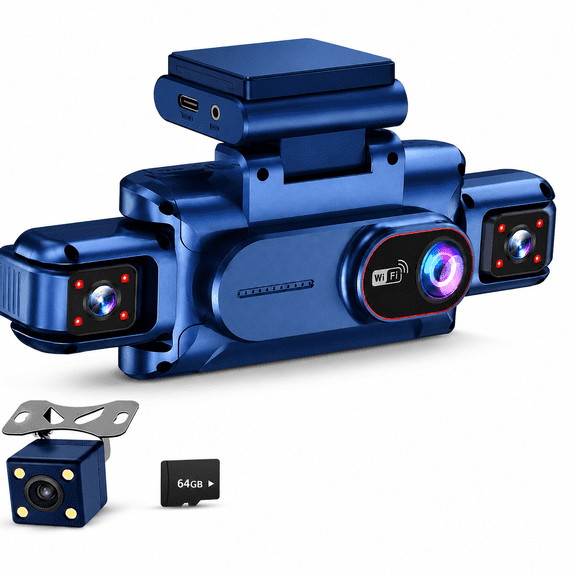 Gazily 4 Channel Dash Cam Front and Rear with 64GB Card, 1080P Dash Camera for Cars with Front, Rear, Left & Right Cameras, WiFi App, Night Vision, 4-Way Recording & Display, 3" IPS Screen