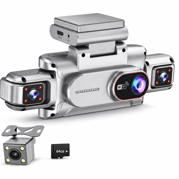 Gazily 4 Channel Dash Cam Front and Rear with 64GB Card, 1080P Dash Camera for Cars with Front, Rear, Left & Right Cameras, WiFi App, Night Vision, 4-Way Recording & Display, 3" IPS Screen