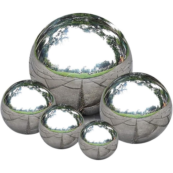 Gazing Ball, Stainless Steel Garden Mirror Globe, Polished Ornament Sphere, Hollow Floating Reflective Hemisphere, for Home Outdoor Pond Housewarming Swimming Pool Decoration, Silver, 5Pcs Mix
