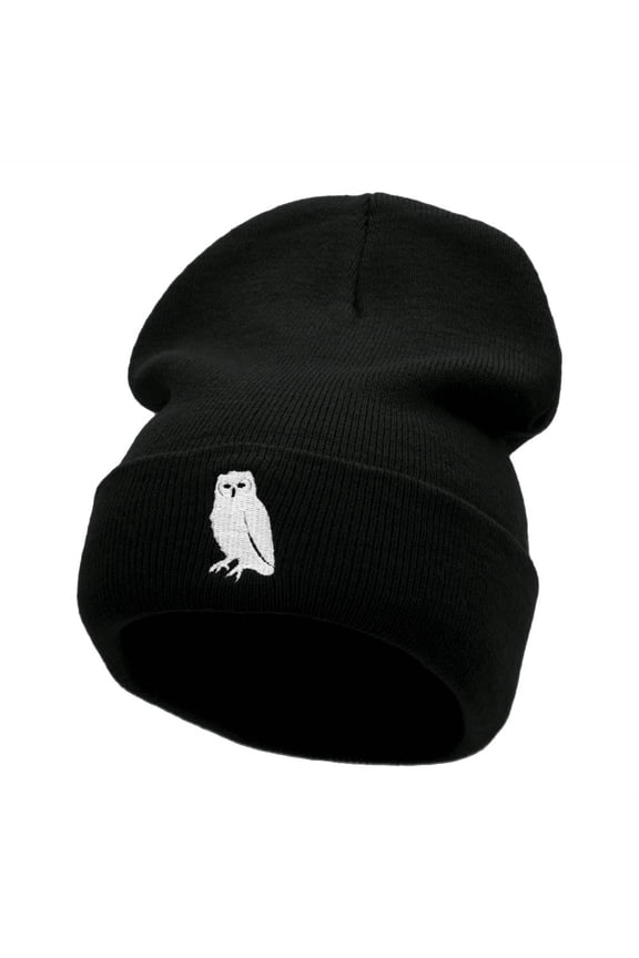 Gazing Owl Embroidered 12 Inch Long Knitted Beanie - Black OSFM