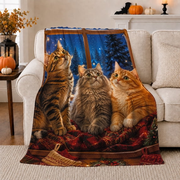 Gazing At Stars Three Curious Cats Red Plaid, Cozy Pet Portrait Pattern, Warm Flannel Blanket for Living Room and Bedroom, Cat Lovers Just Because Gift, Pet Lover Home Decor