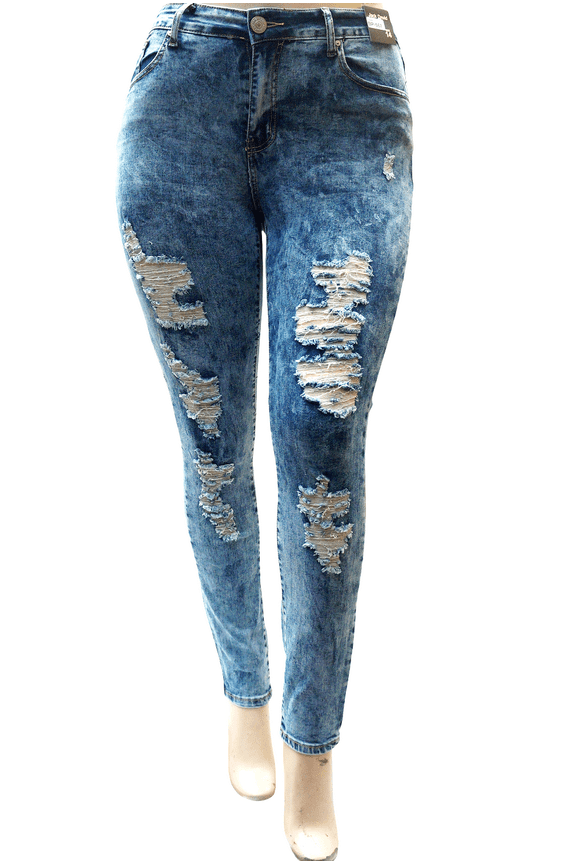 Women's Plus Size Stretch Distressed Ripped Blue Skinny Denim Jeans Pants