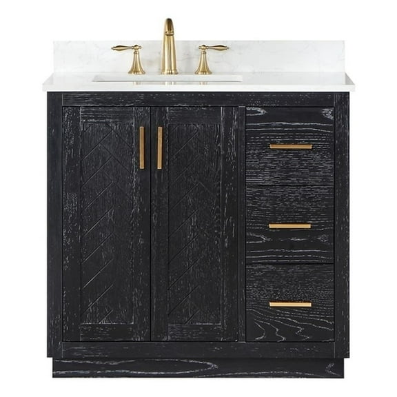 Gazsi 36" Single Bathroom Vanity Set in Black Oak with Grain White Composite Stone Countertop without Mirror